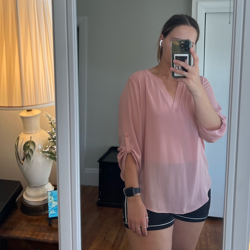 L Sheer Pink Blouse, Cuffed Sleeves